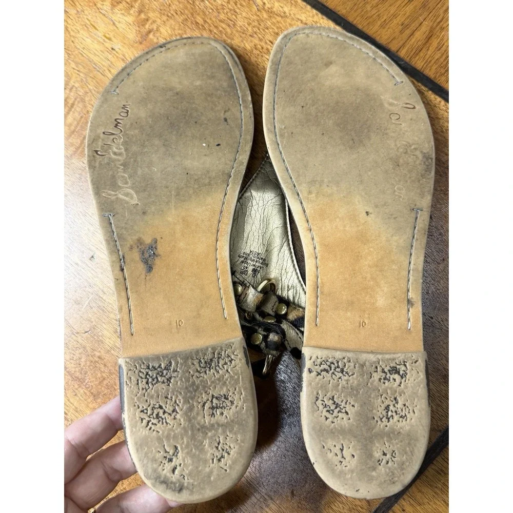 Sam Edelman Women's 10 Gigi Tan Leopard Calf Hair Thong Sandals Gold Accents